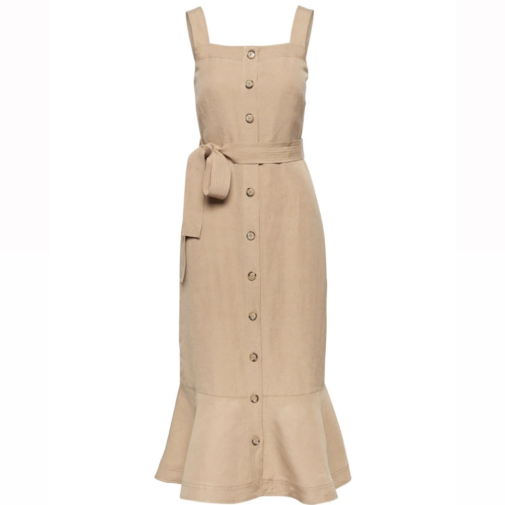 Banana Republic Khaki Linen Blend Square Neck Button Down Midi Dress Size 10